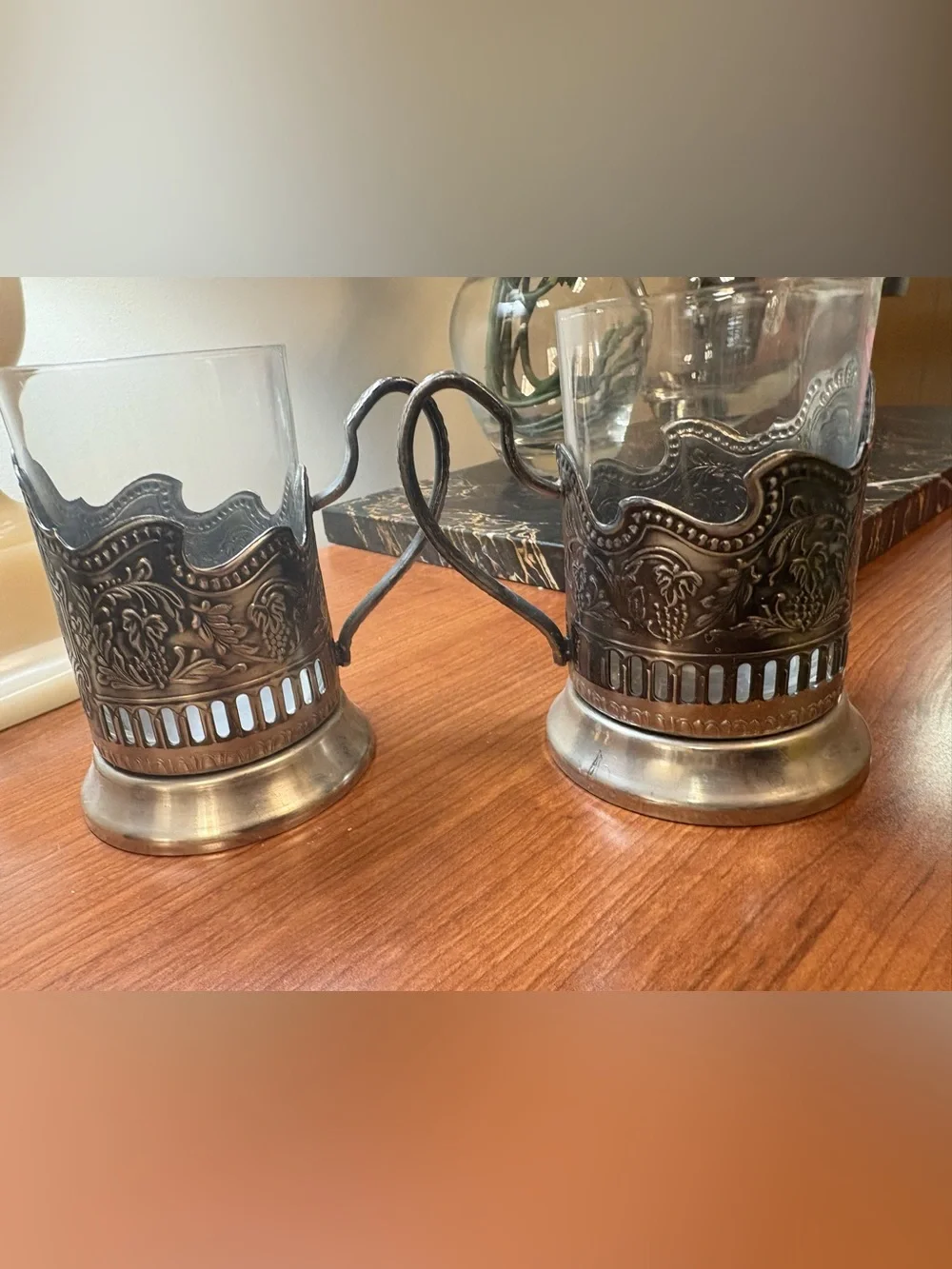 RARE Two Russian “Space” Nickel Glass Tea Cup Wine Holders  podstakanniki